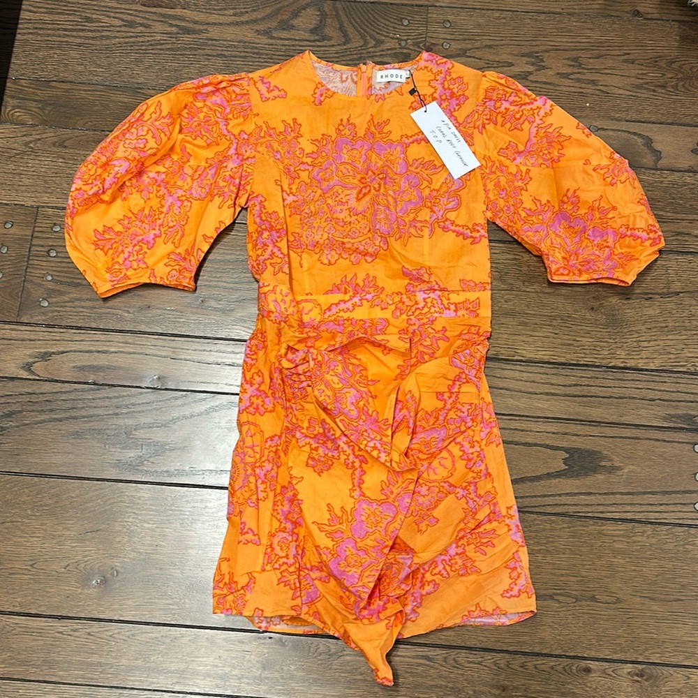 RHODE Pia Orange Mini Dress with Pink Coral Embroidery
